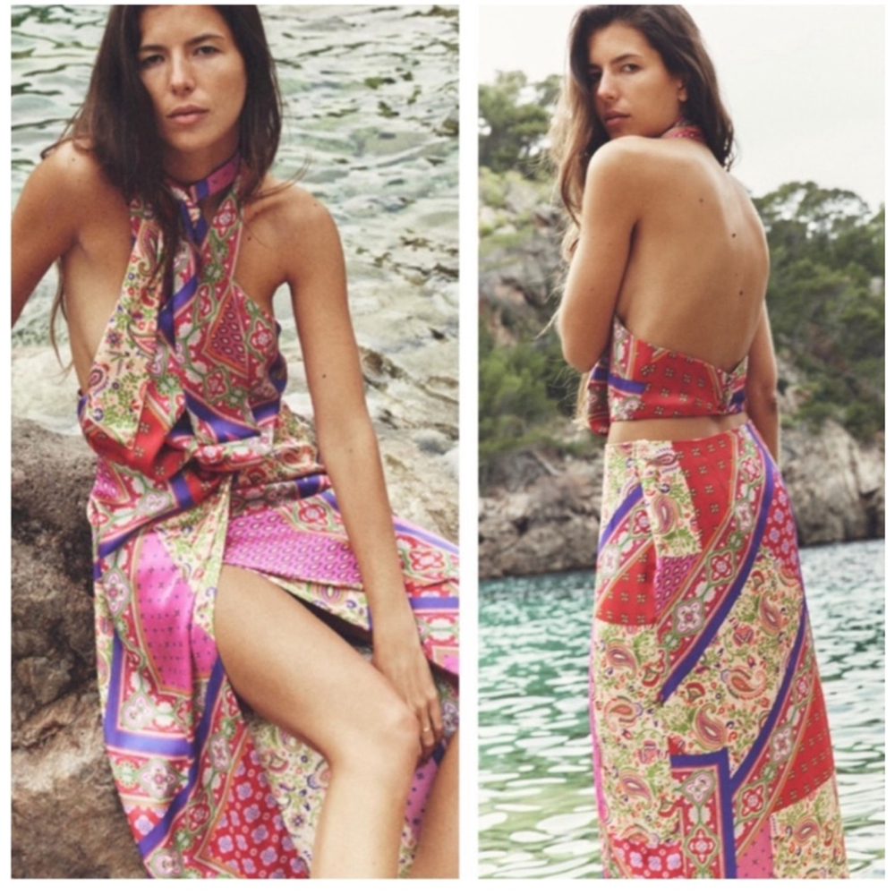 Zara Multicolor Paisley Halter Midi Dress (Pink, Red, Purple)